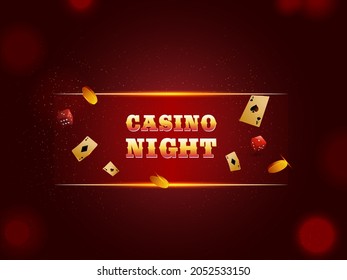 Casino Night Text Con Tarjetas De Juego Doradas, Monedas Y Dice Sobre Partículas De Fondo Rojo.