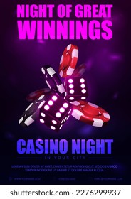 Noche de casino, afiche violeta con dados 3D neón con juego realistas rojo y negro de fichas de casino