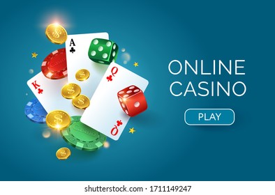 Casino on a blue background. Dice, gold coins, cards and chips. Vector horizontal illustration