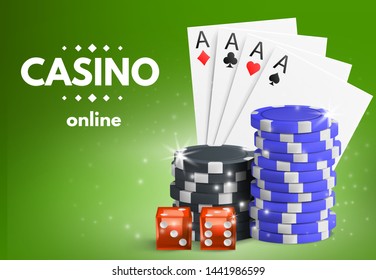 Casino online background with chips, dice and cards. Concept for flyer, banner, poster. Vector illustration.