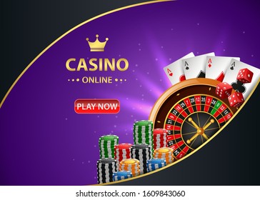 Casino online background with roulette wheel, chips poker and playing cards. Vector illustration