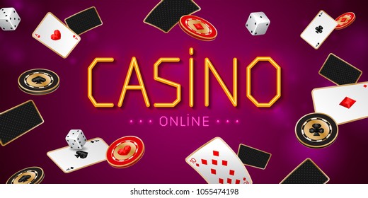 Casino online banner with aces playing cards, chips and dices on purple background. Neon letters