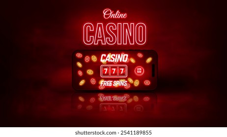 Banner online Casino com celular. Casino slot machine e fichas de poker com elementos de néon em um fundo vermelho escuro. Ilustração vetorial