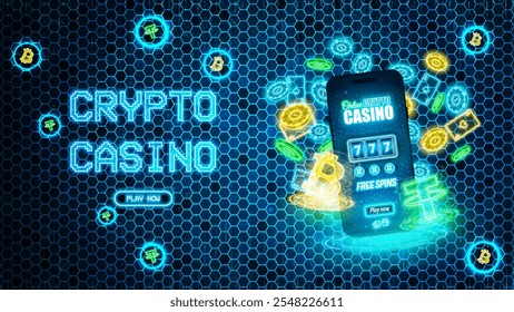 Banner online do casino com portal neon, slot machine do casino, fichas de poker, bitcoin brilhante e tether. 
 Сconceito de casino de rypto baseado em um fundo de hexágonos futurista azul. Ilustração vetorial