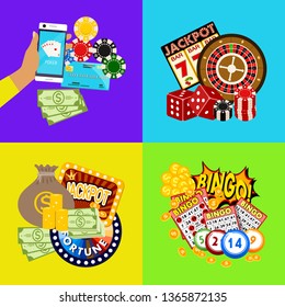 Casino online banner vector illustration. Includes roulette, casino chips, playing cards, winning jackpot money. Sack of money, credit card, dice, golden coins. Wheel fortune.
