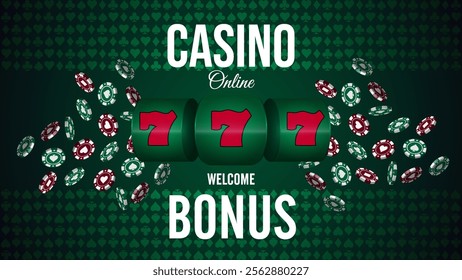 Casino online bonus poster, invitation banner with casino elements. Slot machine, poker chips on background of card suits. Vector illustration