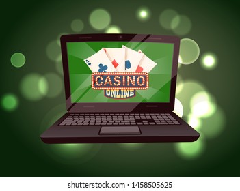 Casino online, deck of playing cards, monitor of laptop with gambling app. Entertainment in computer, poker sign, pc on green shiny background vector. Flat cartoon