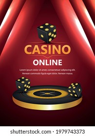 Casino online gambling game with 3d roulette wheel and dice on creative background