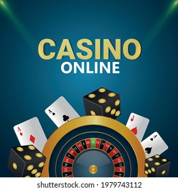 Casino online gambling game with creative illustration of roulette wheel and playing cards