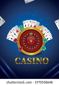 Casino online gambling game with playing cards, roulette wheel and chips