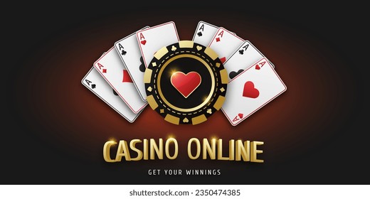 Casino online. Gambling token with suit hearts. Realistic playing chip heart and playing ace cards of all suits. Banner for web app or site. Concept poker or casino. Vector poster for championship.