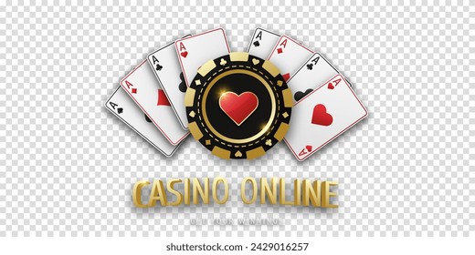 Casino online. Gambling token with suit hearts. Realistic playing chip heart and playing ace cards of all suits. Banner for web app or site. Concept poker or casino. Vector poster for championship.