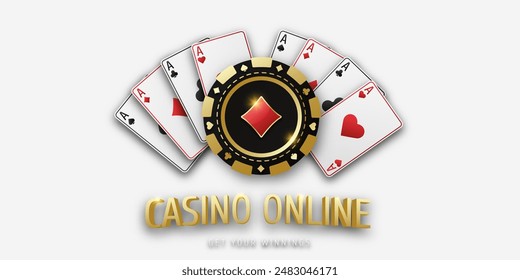 Casino online. Gambling token with suit diamonds. Concept poker or casino. Realistic playing chip coin and playing ace cards of all suits. Banner for web app or site. Vector poster for championship.