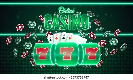 Casino online glowing banner. Poster with casino slot machine, flying poker chips and playing cards in dark digital scene with neon hologram line. Casino green background. Vector illustration