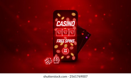 Casino online glowing red mobile banner with button. Poster with smartphone, slot machine, poker chips and playing cards in red scene on background with bright lights.