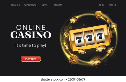 Casino online landing page. Golden winning slot machine, flying casino chips and dices on black background. Website homepage interface UI template. Landing web page, concept hero header.