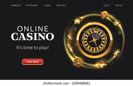Casino online landing page. Golden roulette wheel, gambling chips and dices on black background. Website homepage interface UI template. Landing web page, concept hero header. svg