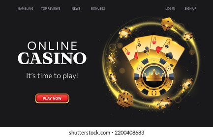 Casino online landing page. Golden playing cards and gambling chips on black background. Website homepage interface UI template. Landing web page, concept hero header. svg