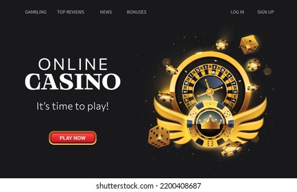 Casino online landing page. Realistic flying chip, roulette wheel, poker chips and dices on black background. Website homepage interface UI template. Landing web page, concept hero header.