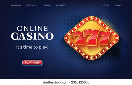 Casino online landing page. Winning slot machine vector illustration on blue background. Website homepage interface UI template. Landing web page, concept hero header.