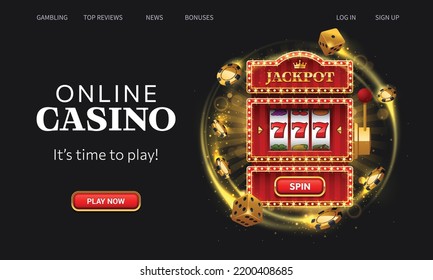 Casino online landing page. Winning red slot machine vector illustration on black background. Website homepage interface UI template. Landing web page, concept hero header.