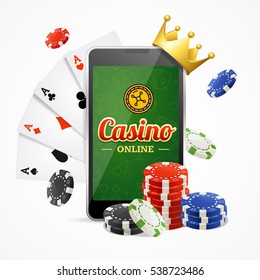 Casino Online Mobile Concept with Playing Cards and Poker Chips on Light Background. Vector illustration