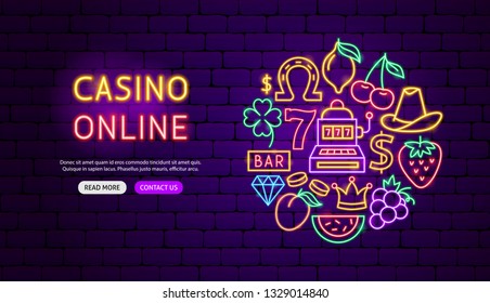 Casino Online Neon Banner Design. Vector Illustration of Game Promotion.