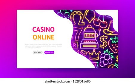 Casino Online Neon Landing Page. Vector Illustration of Game Promotion.