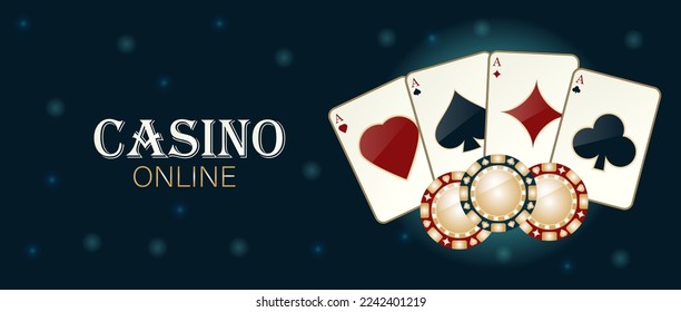 Casino online with poker cards wheel and playing chips. Vector gambling design with for invitation or promo banner.