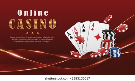 El entorno realista del casino en línea. Banner ondulado rojo de lujo con líneas doradas. Cartas y fichas de juego voladoras.