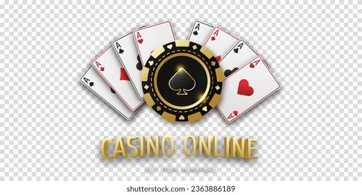 Casino online. Realistic playing chip spade and playing ace cards of all suits. Gambling token with suit spades. Banner for web app or site. Concept poker or casino. Vector poster for championship.