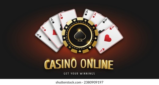 Casino online. Realistic playing chip spade and playing ace cards of all suits. Gambling token with suit spades. Banner for web app or site. Concept poker or casino. Vector poster for championship.