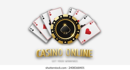Casino online. Realistic playing chip spade and playing ace cards of all suits. Gambling token with suit spades. Banner for web app or site. Concept poker or casino. Vector poster for championship.