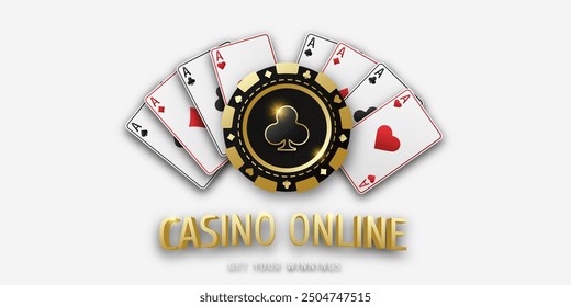 Casino online. Realistic playing chip with the suit of clubs and playing ace cards of all suits. Gambling tokens. Concept poker or casino. Banner for web app or site. Vector poster for championship.