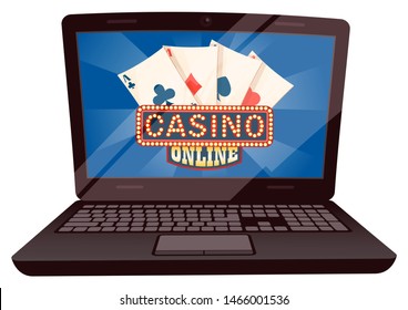 Casino online vector, isolated computer with screen showing playing cards. Gambling and betting money, earning or losing, luck and risk in poker win. Flat cartoon