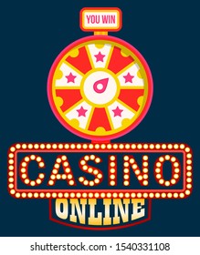 Casino online vector, shining signboard with retro bulbs. Fortune wheel with spinning circle and money sum, gaming and gambling. Lucky circle or lucky rotation. Wheel luck in flat style