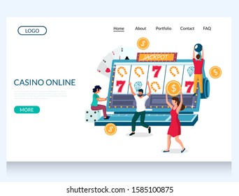 Casino online vector website template, web page and landing page design for website and mobile site development. Internet slot machine game on laptop computer screen, characters winning jackpot.