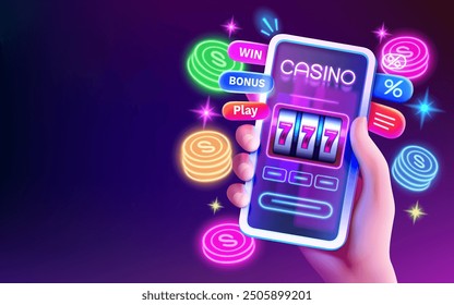 Casino online, Vegas 777 slots, phone screen game. Vector illustration 