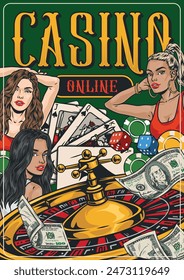 Casino online vintage sticker colorful with roulette table and cards near girls recommending gambling site vector illustration