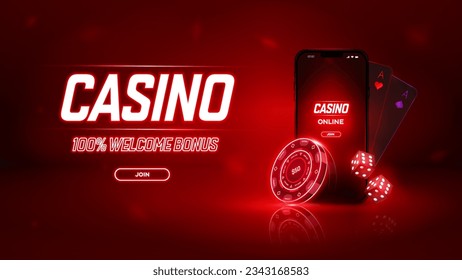 Casino online web banner. Glowing Poker Chips and Dice with mobile. Vector illustration