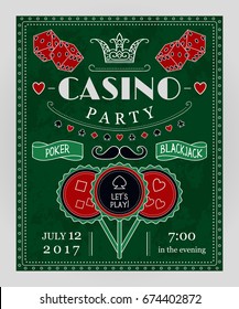 Casino Party Invitation With Decorative Elements. Vintage Vector Illustration