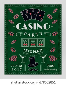 Casino Party Invitation With Decorative Elements. Vintage Vector Illustration