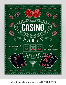 Casino Party Invitation With Decorative Elements. Gambling Symbols. Vintage Vector Illustration