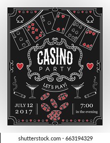 Casino party invitation on chalkboard with decorative elements. Vintage vector illustration