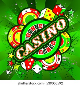 Casino Party Vector game of roulette and dice, emblem gambling house, gambling machines, the glowing sign