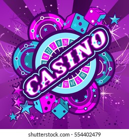 Casino Party Vector game of roulette and dice, emblem gambling house, gambling machines, the glowing neon sign