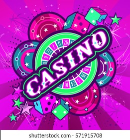 Casino Party Vector game of roulette and dice, emblem gambling house, gambling machines, the glowing neon sign