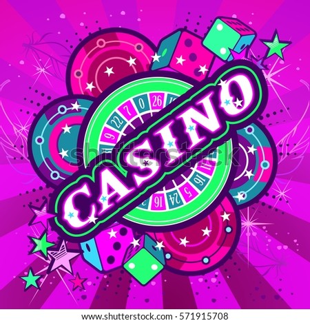 Casino Party Vector game of roulette and dice, emblem gambling house, gambling machines, the glowing neon sign