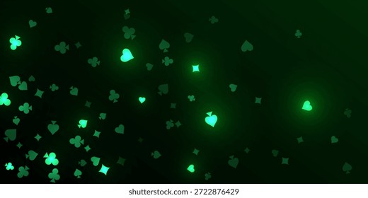 Casino pattern. Green flying glowing playing cards on black background. Sparkling hearts, clubs, diamonds and spades on dark. Online casino concept. Luxury vector illustration.