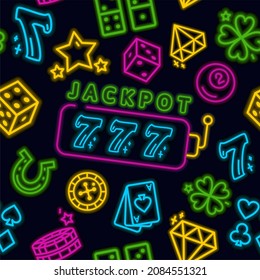 The casino pattern. The inscription is a jackpot sign. Neon-style templates. Vector illustration in doodle style.
